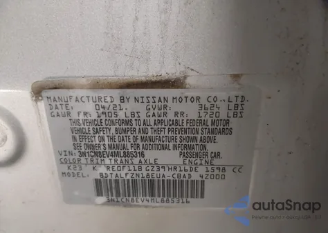 2021 Nissan Versa Sv Xtronic Cvt from USA, damaged, VIN 3N1CN8EV4ML885316